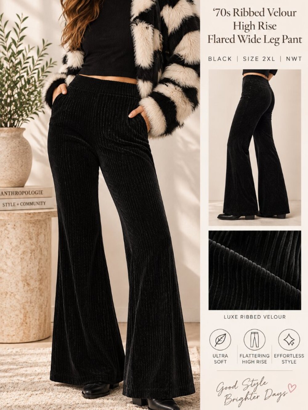 NWT Anthropologie '70s Ribbed Velour High Rise Flared Wide Leg Pant Black